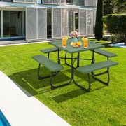 Conjunto de mesa e bancos de piquenique para 8 pessoas com 4 bancos e orifício para guarda-sol, estrutura em metal verde