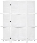 HOMCOM Biombo de 4 Painéis de Madeira Separador de Ambiente Dobrável com 3 Prateleiras Removíveis Desenho Persiana para Dormitório Escritório 160x170cm Branco