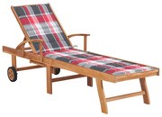 vidaXL Espreguiçadeira + almofadão xadrez vermelho madeira teca maciça