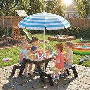 Mesa de piquenique infantil com guarda-sol, conjunto de jardim 3 em 1 em madeira para crianças dos 3 aos 6 anos com 2 caixas, natural