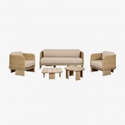 Conjunto De Jardim Com Sofá De 3 Lugares, 2 Poltronas E 2 Mesas De Centro Em Vime E Madeira De Acácia Famara Marrom Acácia Claro - Sklum