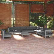 12pcs conjunto lounge de jardim + almofadões pinho maciço cinza