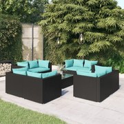 9 pcs conjunto lounge de jardim c/ almofadões vime PE preto