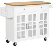 HOMCOM Ilha de Cozinha com Rodas 2 Gavetas 3 Portas de Vidro Suporte para Panos e Temperos 124,5x39,5x90 cm Branco e Madeira | Aosom Portugal