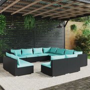 vidaXL 11 pcs conjunto lounge de jardim c/ almofadões vime PE preto