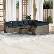 vidaXL 10 pcs conjunto sofás p/ jardim c/ almofadões vime PE cinzento