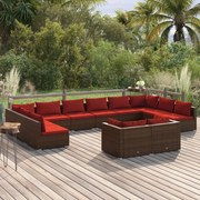 12 pcs conjunto lounge jardim c/ almofadões vime PE castanho