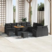 vidaXL Conjunto de Sofá de Jardim de 13 Peças com Almofadas de Rattan Poliéster Preto e Acácia
