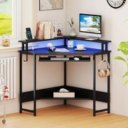 Secretária de canto com estação de carregamento e LED 80 x 80 x 88 cm, bandeja para teclado e suporte para monitor, mesa de gaming preta