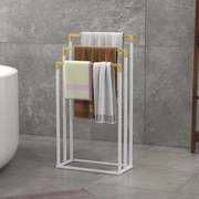 Toalheiro de Pé de 3 Níveis em Forma de Escada com 3 Barras de Bambu e Estrutura de Aço 45x22,5x86 cm Branco e Madeira