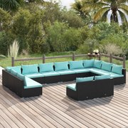 12 pcs conjunto lounge de jardim c/ almofadões vime PE preto