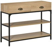 HOMCOM Mesa Consola Mesa de Entrada Estreita com 2 Gavetas e 2 Prateleiras de Armazenamento Estrutura de Aço para Corredor Entrada Sala de Estar 100x35x79,5cm Carvalho e Preto