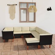 9 pcs conjunto lounge de jardim c/ almofadões vime PE preto