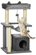 PawHut Arranhador Gatos 3 Níveis Caverna Rede Plataforma Bolas Suspensas Poste Sisal 48x48x90 cm Design Moderno Cinza | Aosom Portugal