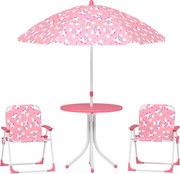 AIYAPLAY Conjunto Infantil de Mesa e Cadeiras de Jardim de 4 Peças Cadeiras Dobráveis Chapéu de Sol Desmontável Design Unicórnios Rosa | Aosom Portugal