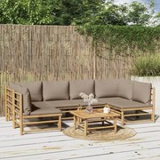 7 pcs conj. lounge jardim bambu c/ almofadões cinza-acastanhado