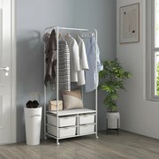 Cabide Moderno 8 Ganchos e 4 Cestos para Armazenamento Charriot com Rodas e Estrutura de Aço 63x37x153 cm Branco