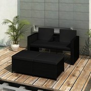 vidaXL 3 pcs conjunto lounge para jardim c/ almofadões vime PE preto