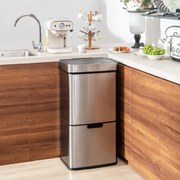 Caixote do lixo em aço inoxidável 72 L com sensor de movimento 2 baldes Tampa aberta e fecho suave Caixote do lixo de cozinha Prata