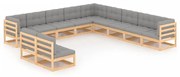 11 pcs conjunto lounge de jardim c/ almofadões pinho maciço