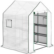 Outsunny Estufa de Jardim Pequena de 3 Níveis com 6 Prateleiras Porta Enrolável e Capa de PE 140x143x190 cm Branco | Aosom Portugal