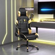 Cadeira gaming c/ apoio pés couro artificial preto e dourado