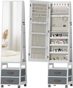 HOMCOM Espelho Armário de Jóias com Luzes LED Rodas Giratórias 360° Prateleiras Abertas Gavetas de Tecido Branco | Aosom Portugal