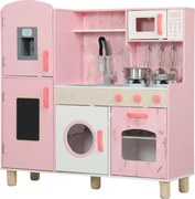 AIYAPLAY Cozinha de Madeira para Crianças com Sons Fogão Forno Micro-Ondas Máquina de Gelo e Acessórios 90x33,3x91,6 cm Rosa | Aosom Portugal