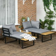 Conjunto Móveis de Jardim de Alumínio 3 Peças Conjunto de Móveis de Exterior Inclui 2 Sofás com Almofadas Mesa de Centro e Painel Lateral para Varanda