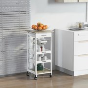 Carrinho de serviço de cozinha com rodas, cesto + 2 tabuleiros removíveis, gaveta, prateleira em MDF carvalho claro e pinho branco