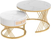 Mesa de Centro Redonda 2 em 1 em MDF, Mesa com Tampo efeito Mármore e Gavetas em Rattan Sintético, Pés em Ferro Dourado,70x70x45,5cm, Branco