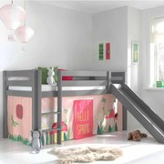 Conjunto Cama alta de Criança PINO 90 x 200 cm + estrado + escada + escorrega + cortina Primavera Cinzenta