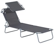 Outsunny Espreguiçadeira de Jardim Dobrável com Toldo Removível e Ajustável em Ângulo e Encosto Ajustável em 4 Posições para Jardim Terraço Campismo Exterior 187x58x36cm Cinza