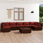 8 pcs conjunto lounge jardim c/ almofadões vime PE castanho