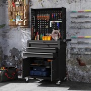 Carrinho de Ferramentas com 3 Gavetas e Painel de Perfurado Fechadura com Chave Prateleira Ajustável 2 Rodas com Travão de Bloqueio 69x33x133 cm Preto