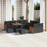 vidaXL Conjunto de Sofá de Jardim de 13 Peças com Almofadas Pretas de Rattan de Polipropileno e Acácia