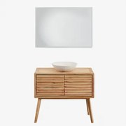 Conjunto De Móvel De Casa De Banho Em Madeira Deleyna Madeira Natural & Cimento Redondo Branco Ø40 Cm Zavion & Led Retangular - Sklum