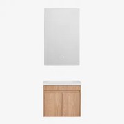 Conjunto De Móvel De Casa De Banho Suspenso Em Madeira Com Lavatório Integrado Narek Castanho Fresno & Retangular Led E Anti-embaciamento - Sklum