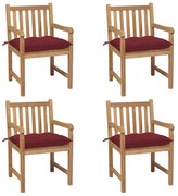 vidaXL Cadeiras de jardim c/ almofadões vermelho tinto 4 pcs teca maciça