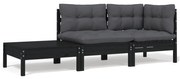 3 pcs conjunto lounge jardim c/ almofadões pinho maciço preto