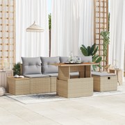 Conjunto de Sofá de Jardim com 6 Peças e Almofadas Bege Vime PE