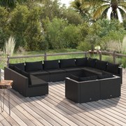 11 pcs conjunto lounge de jardim c/ almofadões vime PE preto