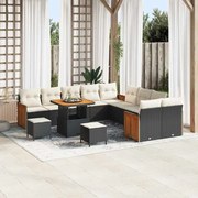 vidaXL Conjunto de Sofás de Jardim com 13 Peças e Almofadas Preto em Poly Rattan e Acácia.