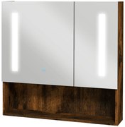 kleankin Armário Casa de Banho com Espelho e Luz LED Prateleira Ajustável Interruptor Tátil e Cor da Luz Ajustável 70x15x70 cm Marrom Rústico