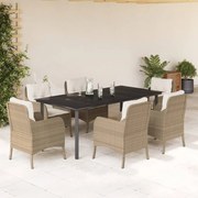 7 pcs conjunto de jantar p/ jardim com almofadões vime PE bege