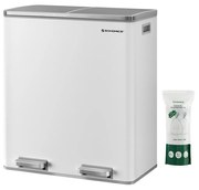 Lixeira dupla SONGMICS, 2 x 30 L de compartimento duplo para cozinha com 15 sacos de lixo, lixeira de pedal de metal com baldes e tampas internas de plástico, fechamento suave, vedação de odor, branco e prata LTB60WT