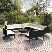 vidaXL 14 pcs conjunto lounge de jardim c/ almofadões vime PE preto