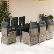 vidaXL 9 pcs conjunto de jantar p/ jardim c/ almofadões vime PE cinza