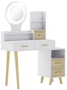 HOMCOM Toucador com Espelho e Luzes LED Ajustáveis 5 Gavetas 4 Compartimentos e 1 Prateleira 100x44x137 cm Branco e Madeira | Aosom Portugal