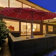 Guarda-sol dupla face de 470 cm com base Areia e 48 luzes LED Painel solar de carregamento automático Mecanismo de manivela Vermelho